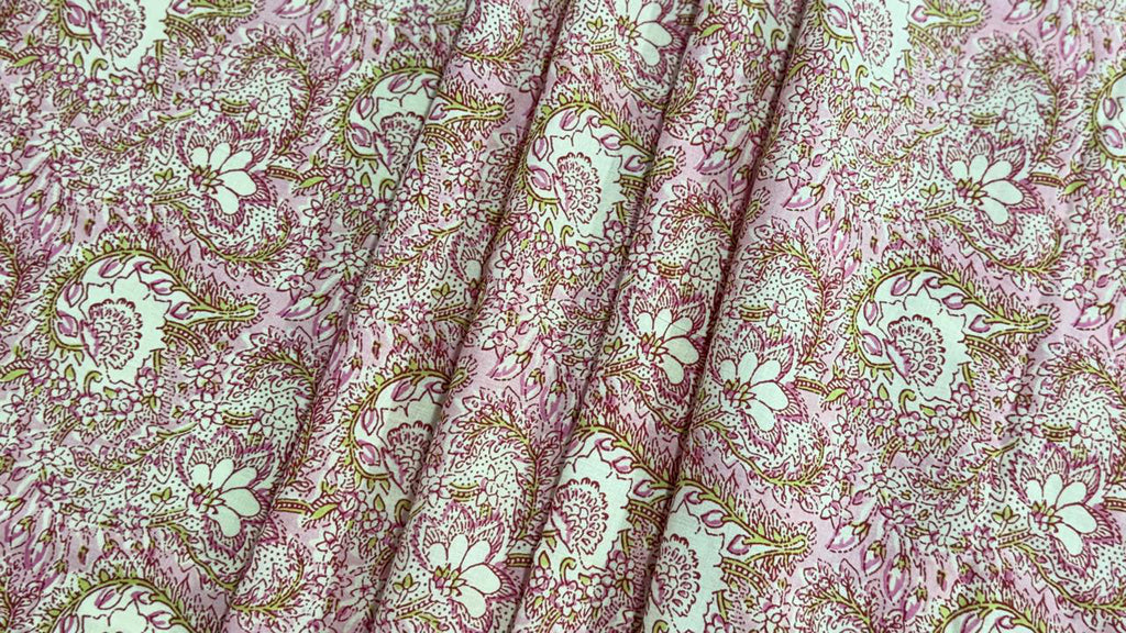 Hand Block Print Cotton Fabric: Pink and White Floral Indian Fabric