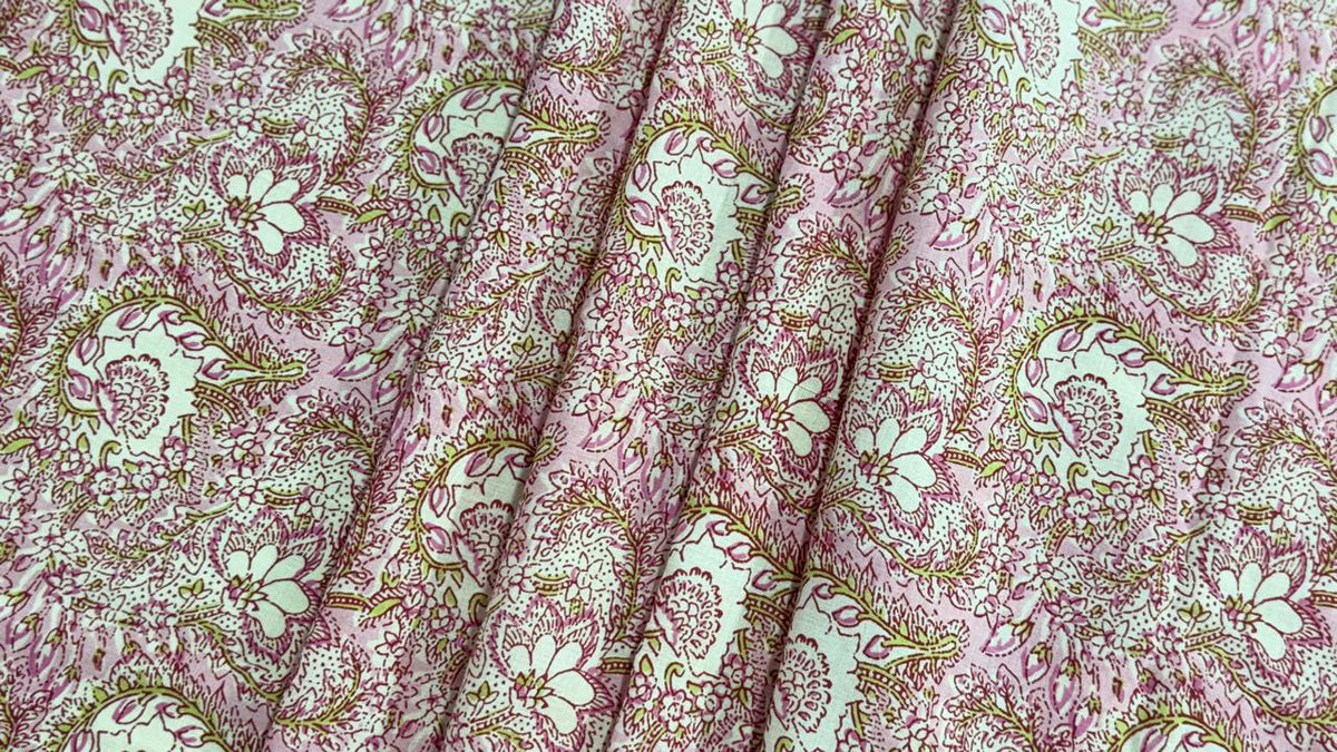 Hand Block Print Cotton Fabric: Pink and White Floral Indian Fabric