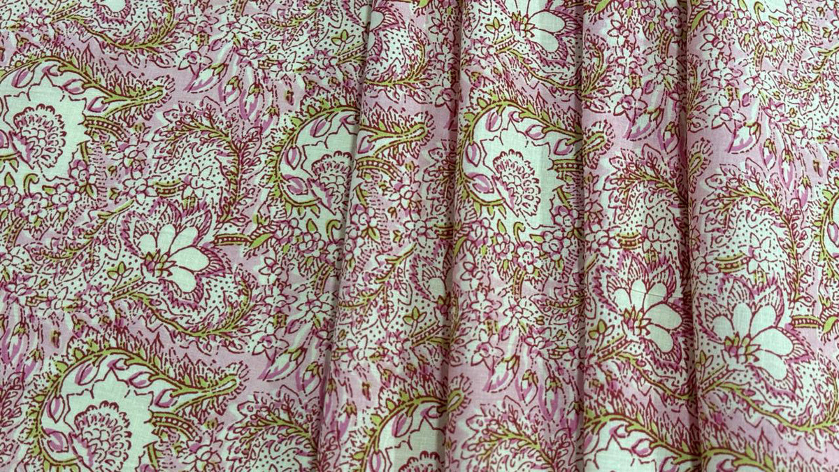 Hand Block Print Cotton Fabric: Pink and White Floral Indian Fabric