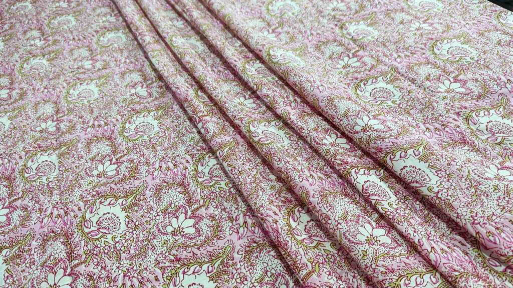 Hand Block Print Cotton Fabric: Pink and White Floral Indian Fabric