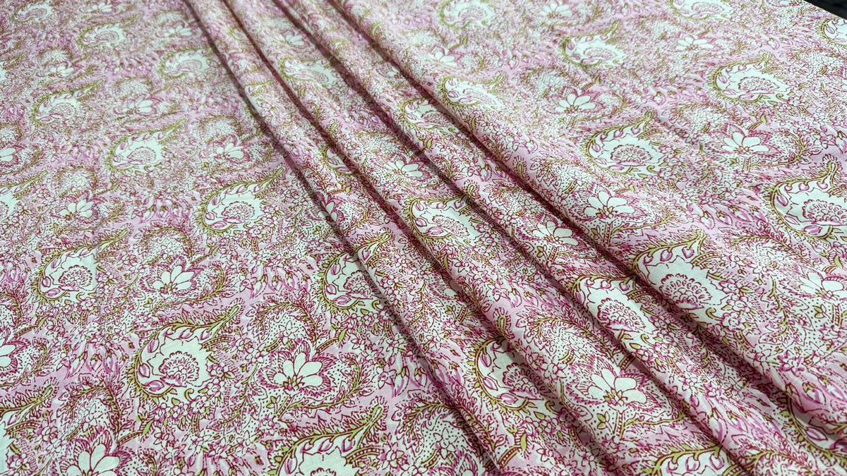 Hand Block Print Cotton Fabric: Pink and White Floral Indian Fabric