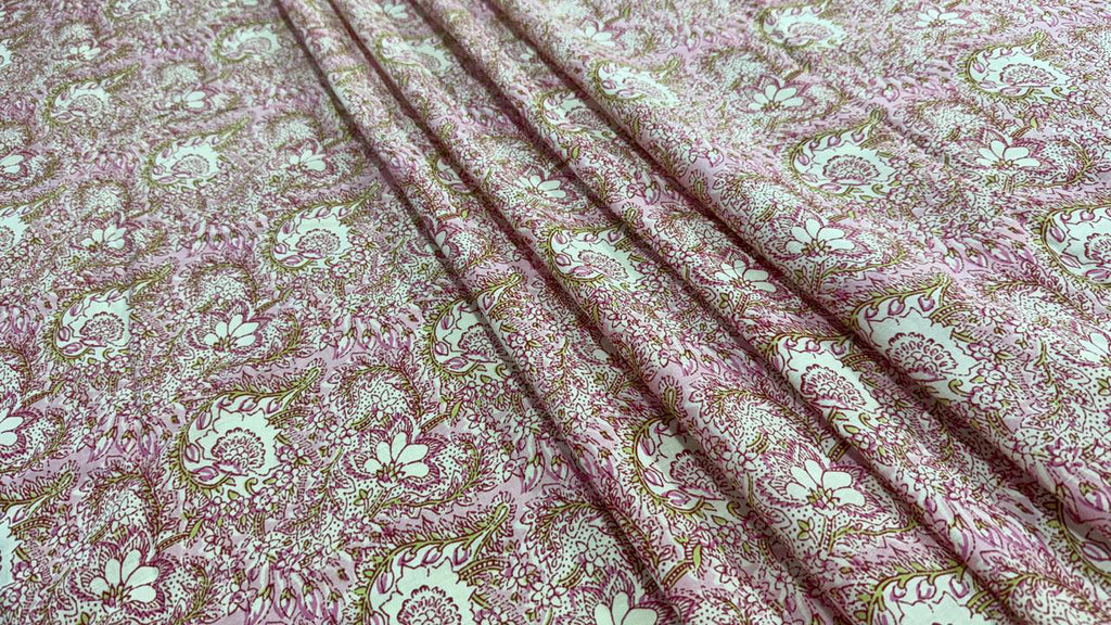 Hand Block Print Cotton Fabric: Pink and White Floral Indian Fabric