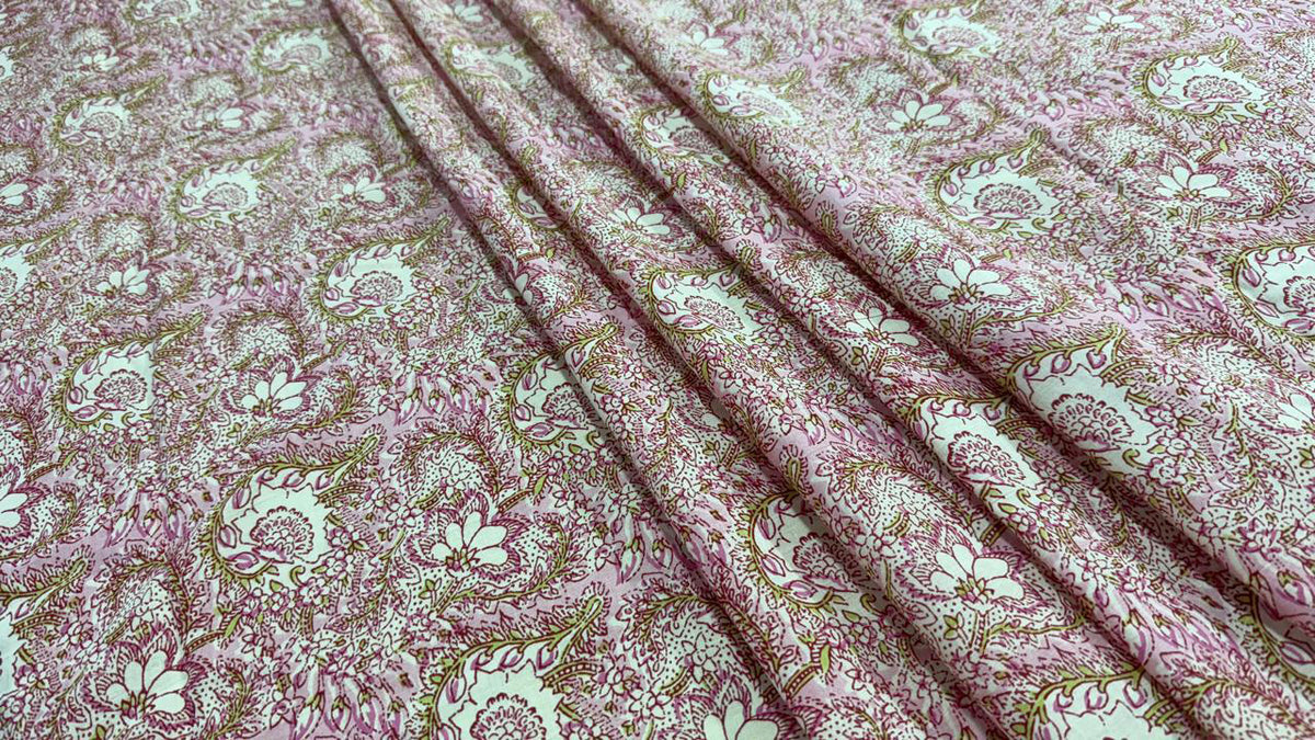 Hand Block Print Cotton Fabric: Pink and White Floral Indian Fabric
