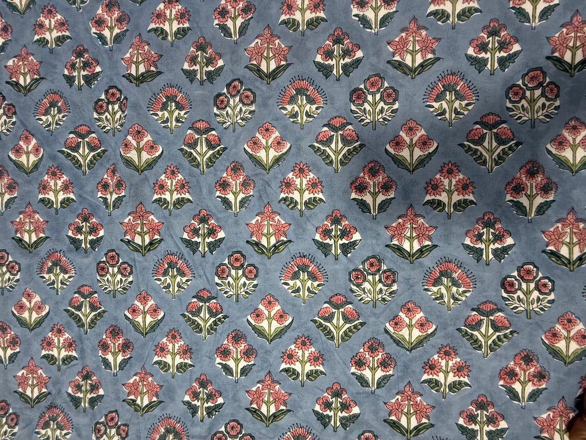 Hand Block Print Cotton Fabric: Blue and Pink Floral Indian Fabric