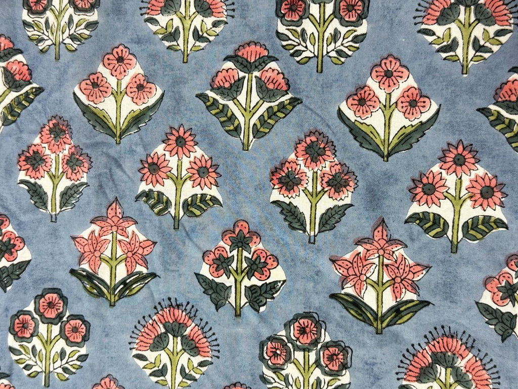 Hand Block Print Cotton Fabric: Blue and Pink Floral Indian Fabric