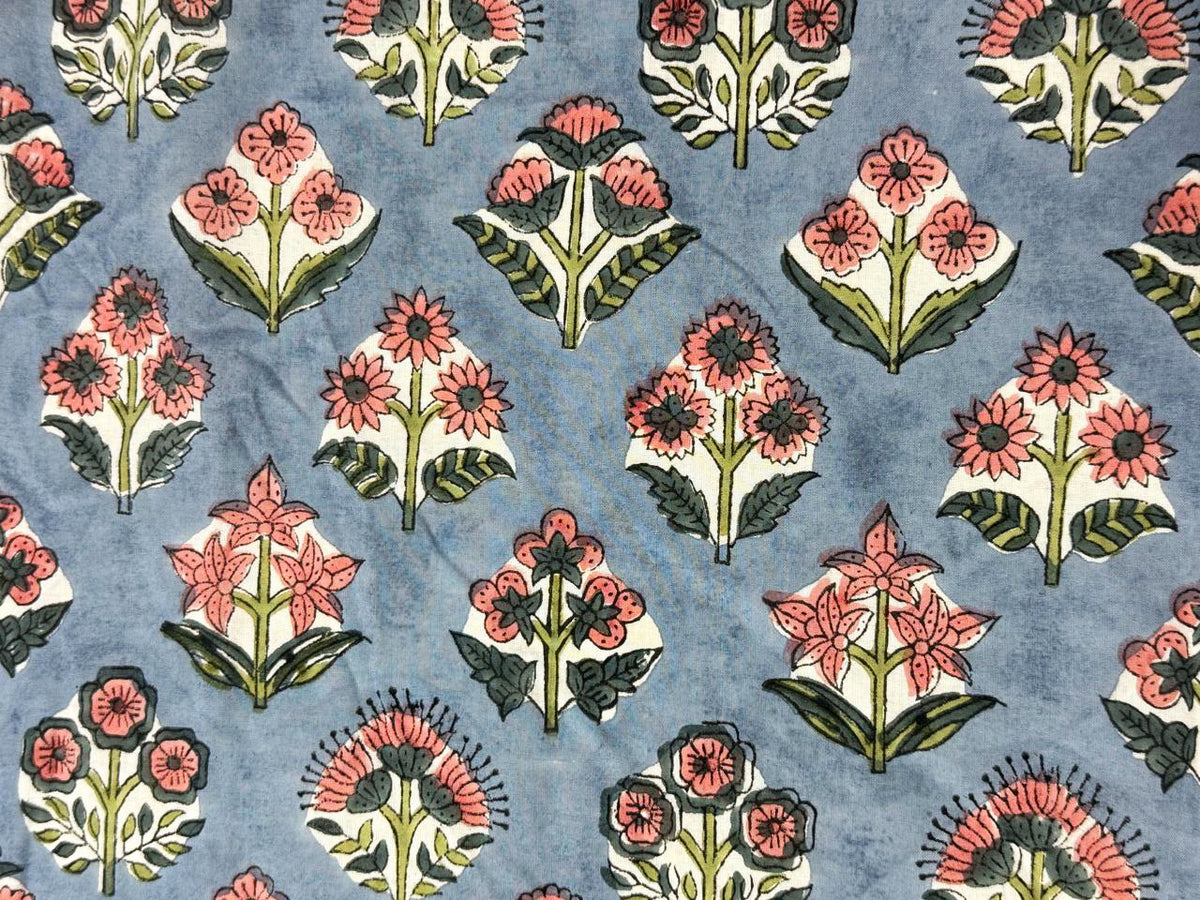 Hand Block Print Cotton Fabric: Blue and Pink Floral Indian Fabric