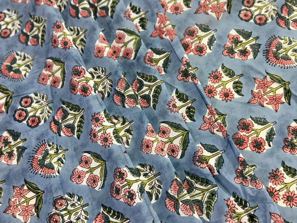 Hand Block Print Cotton Fabric: Blue and Pink Floral Indian Fabric