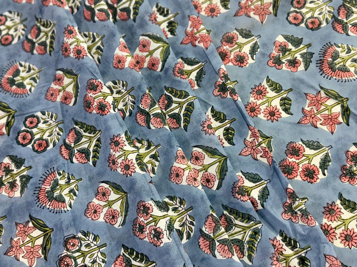 Hand Block Print Cotton Fabric: Blue and Pink Floral Indian Fabric