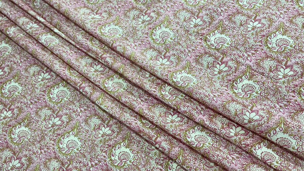 Hand Block Print Cotton Fabric: Pink and White Floral Indian Fabric