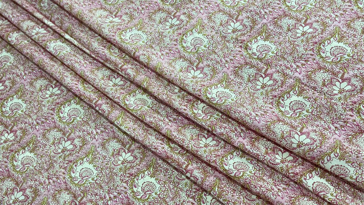 Hand Block Print Cotton Fabric: Pink and White Floral Indian Fabric
