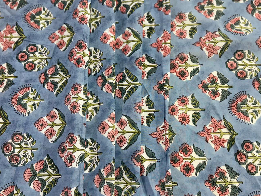 Hand Block Print Cotton Fabric: Blue and Pink Floral Indian Fabric