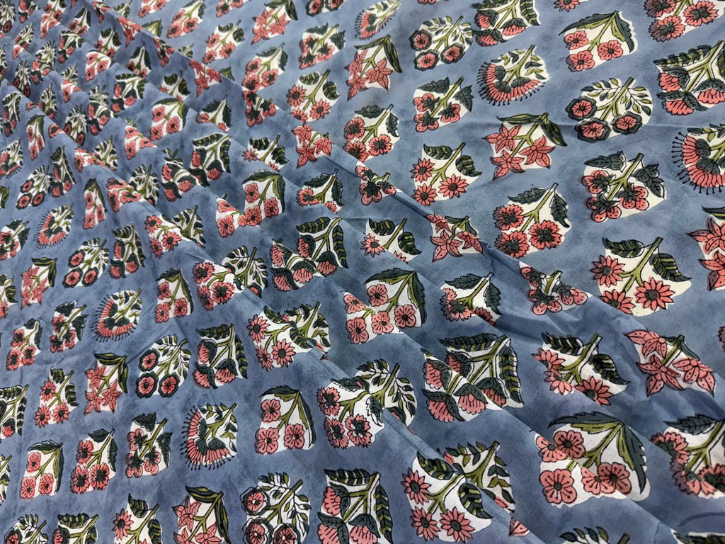 Hand Block Print Cotton Fabric: Blue and Pink Floral Indian Fabric