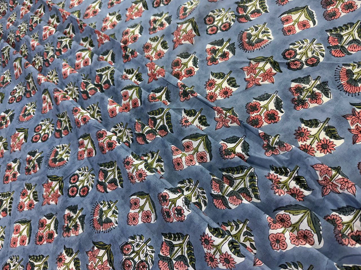 Hand Block Print Cotton Fabric: Blue and Pink Floral Indian Fabric