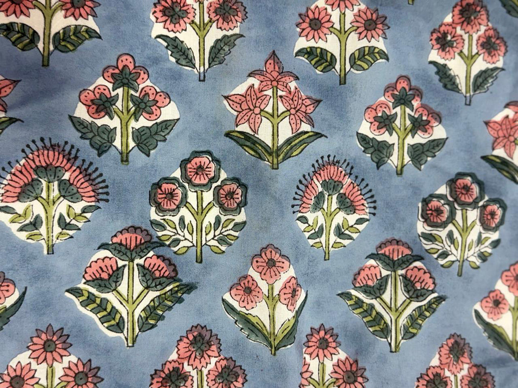 Hand Block Print Cotton Fabric: Blue and Pink Floral Indian Fabric