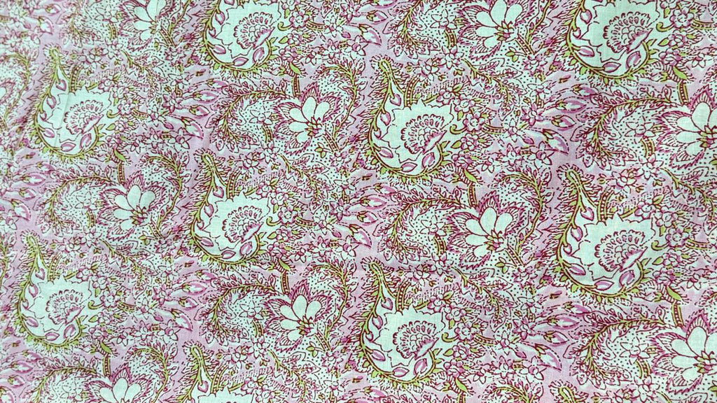 Hand Block Print Cotton Fabric: Pink and White Floral Indian Fabric