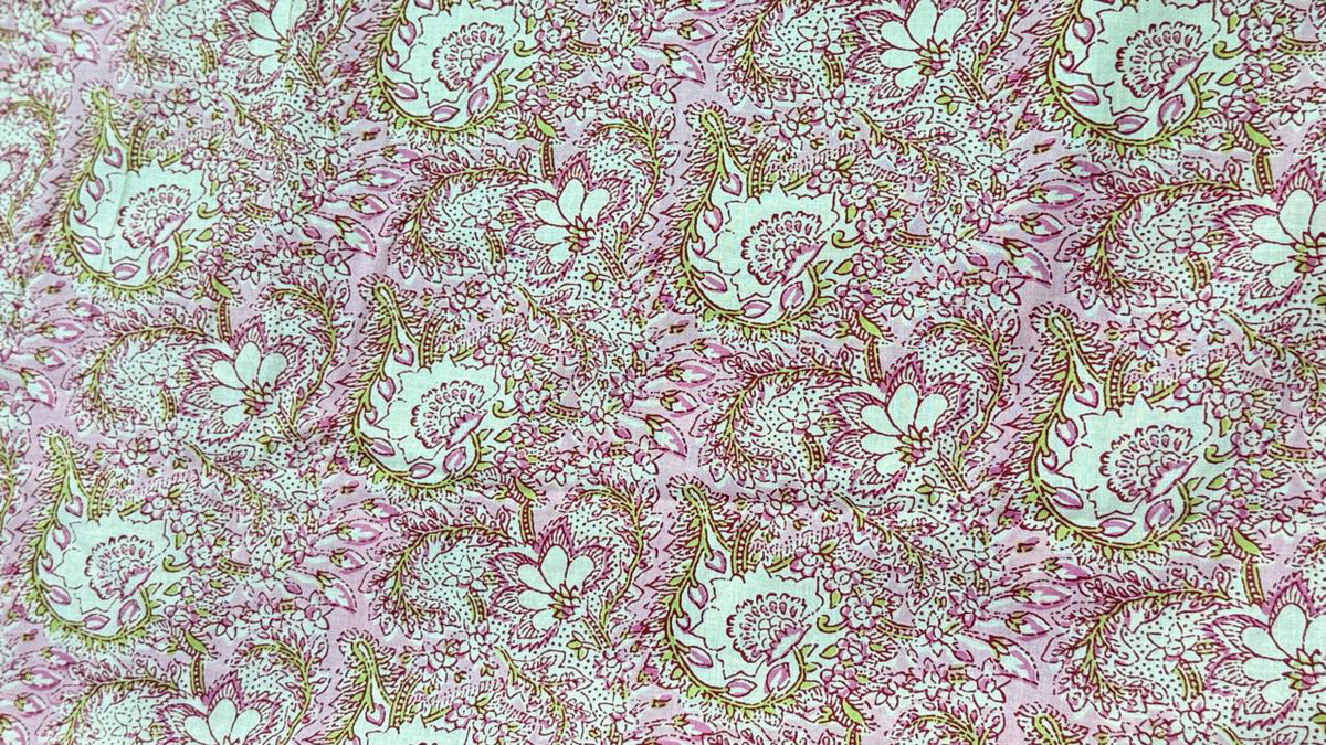 Hand Block Print Cotton Fabric: Pink and White Floral Indian Fabric