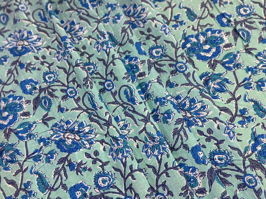 Hand Block Print Cotton Fabric: Blue and Green Floral Indian Fabric