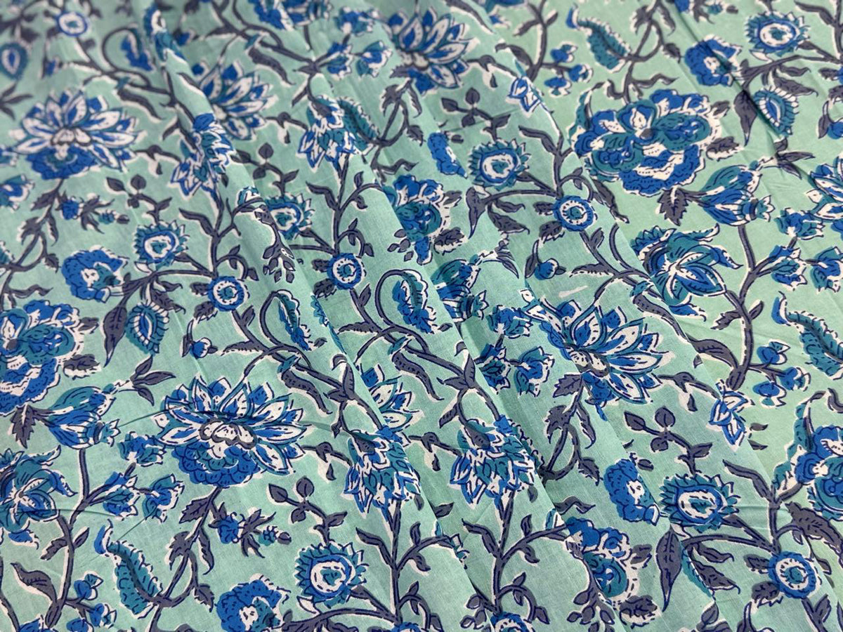Hand Block Print Cotton Fabric: Blue and Green Floral Indian Fabric