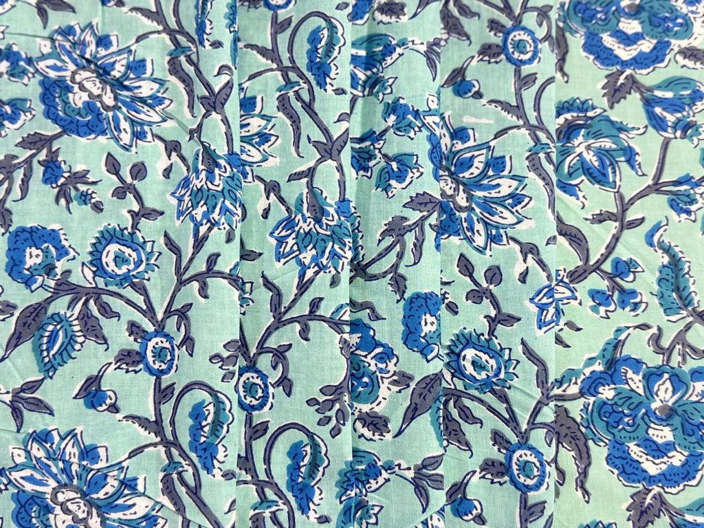 Hand Block Print Cotton Fabric: Blue and Green Floral Indian Fabric