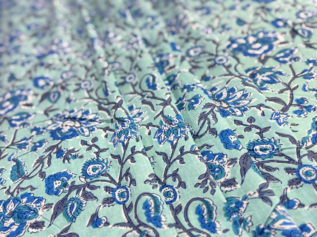 Hand Block Print Cotton Fabric: Blue and Green Floral Indian Fabric