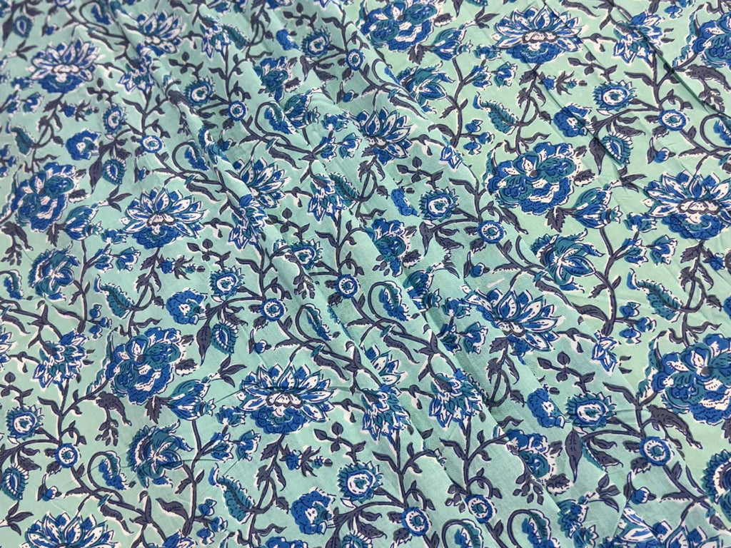 Hand Block Print Cotton Fabric: Blue and Green Floral Indian Fabric