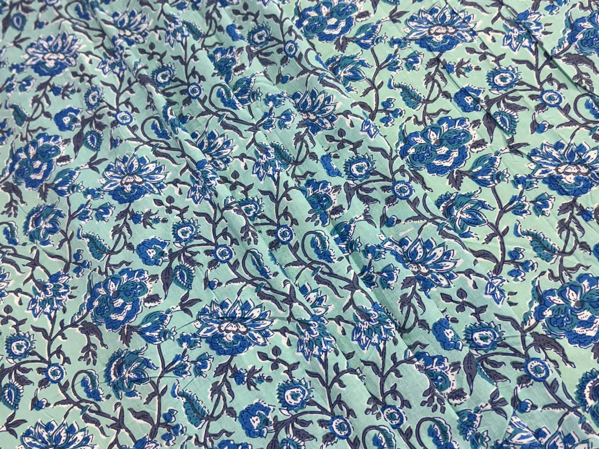 Hand Block Print Cotton Fabric: Blue and Green Floral Indian Fabric