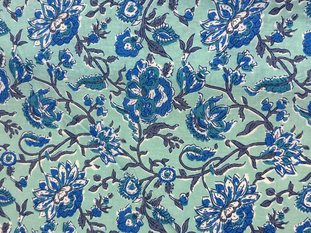 Hand Block Print Cotton Fabric: Blue and Green Floral Indian Fabric