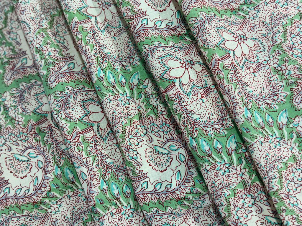 Hand Block Print Cotton Fabric: Green and Pink Floral Indian Fabric