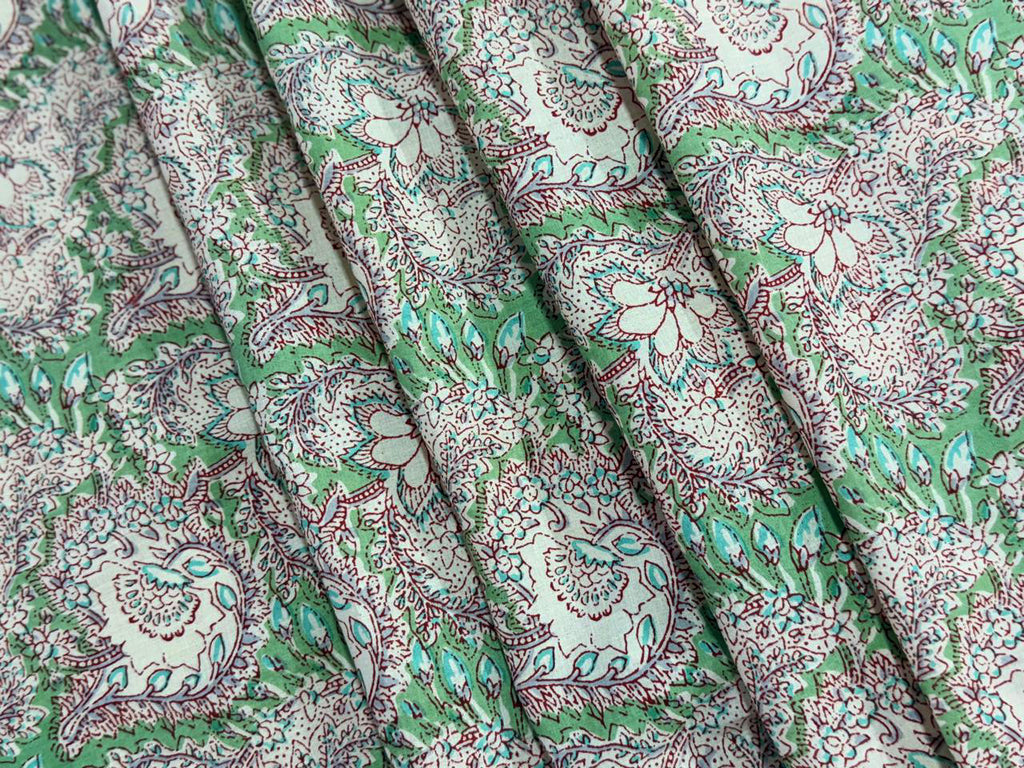 Hand Block Print Cotton Fabric: Green and Pink Floral Indian Fabric