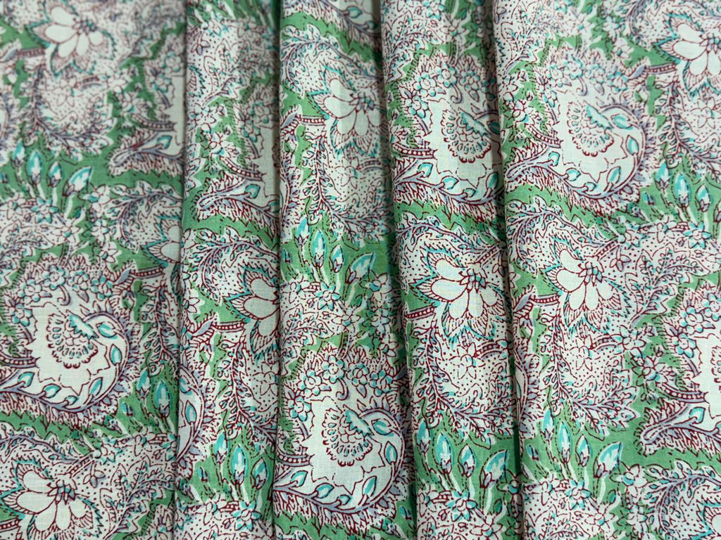 Hand Block Print Cotton Fabric: Green and Pink Floral Indian Fabric