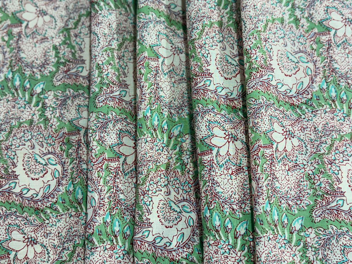 Hand Block Print Cotton Fabric: Green and Pink Floral Indian Fabric