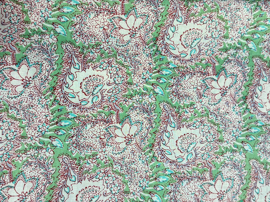 Hand Block Print Cotton Fabric: Green and Pink Floral Indian Fabric