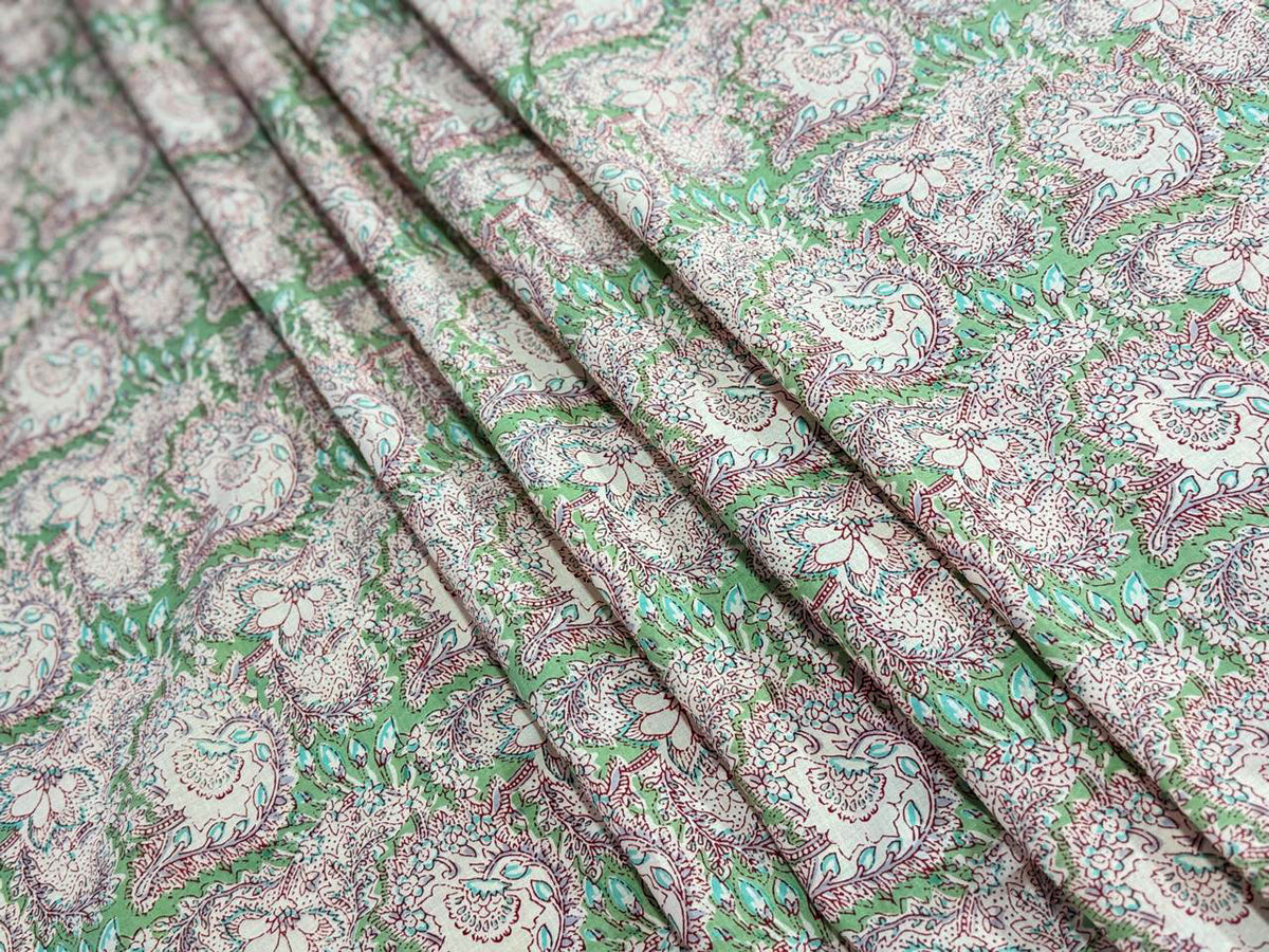 Hand Block Print Cotton Fabric: Green and Pink Floral Indian Fabric