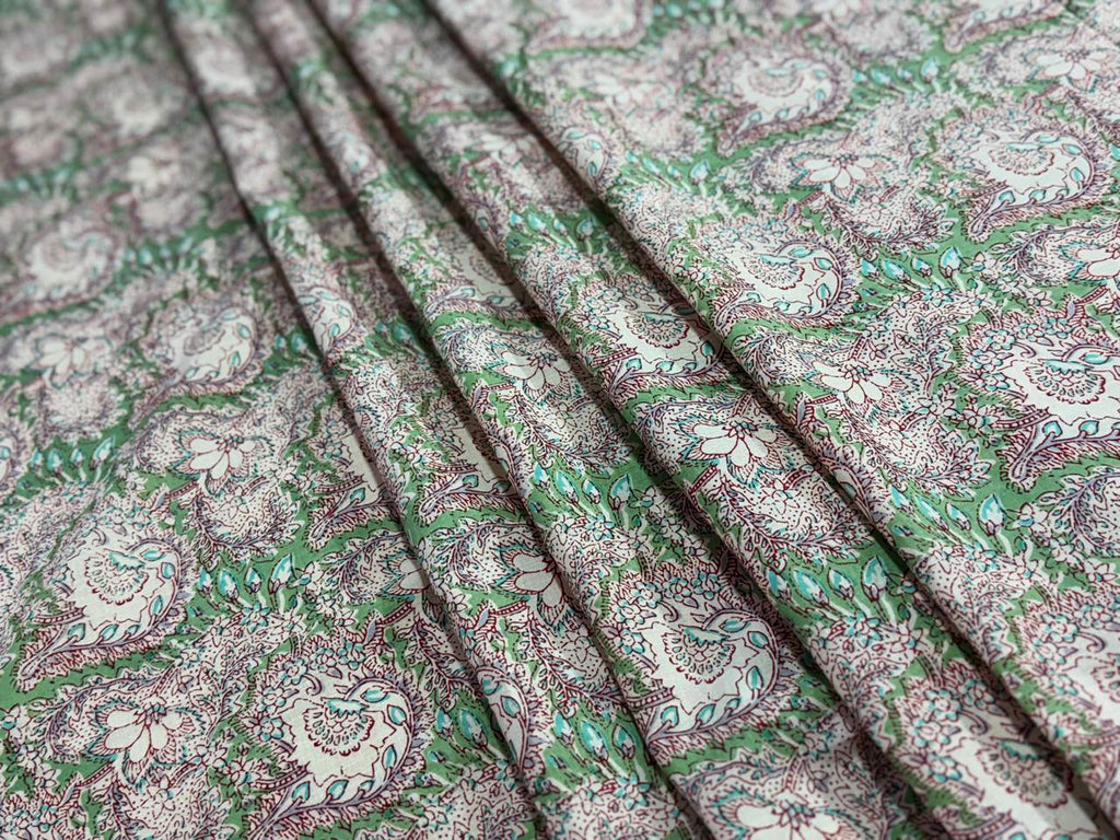 Hand Block Print Cotton Fabric: Green and Pink Floral Indian Fabric