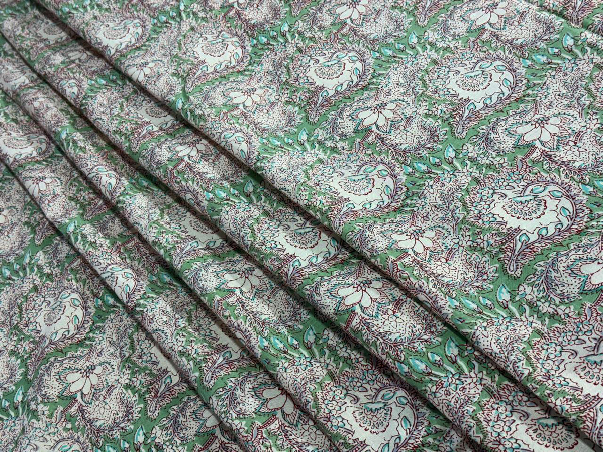Hand Block Print Cotton Fabric: Green and Pink Floral Indian Fabric