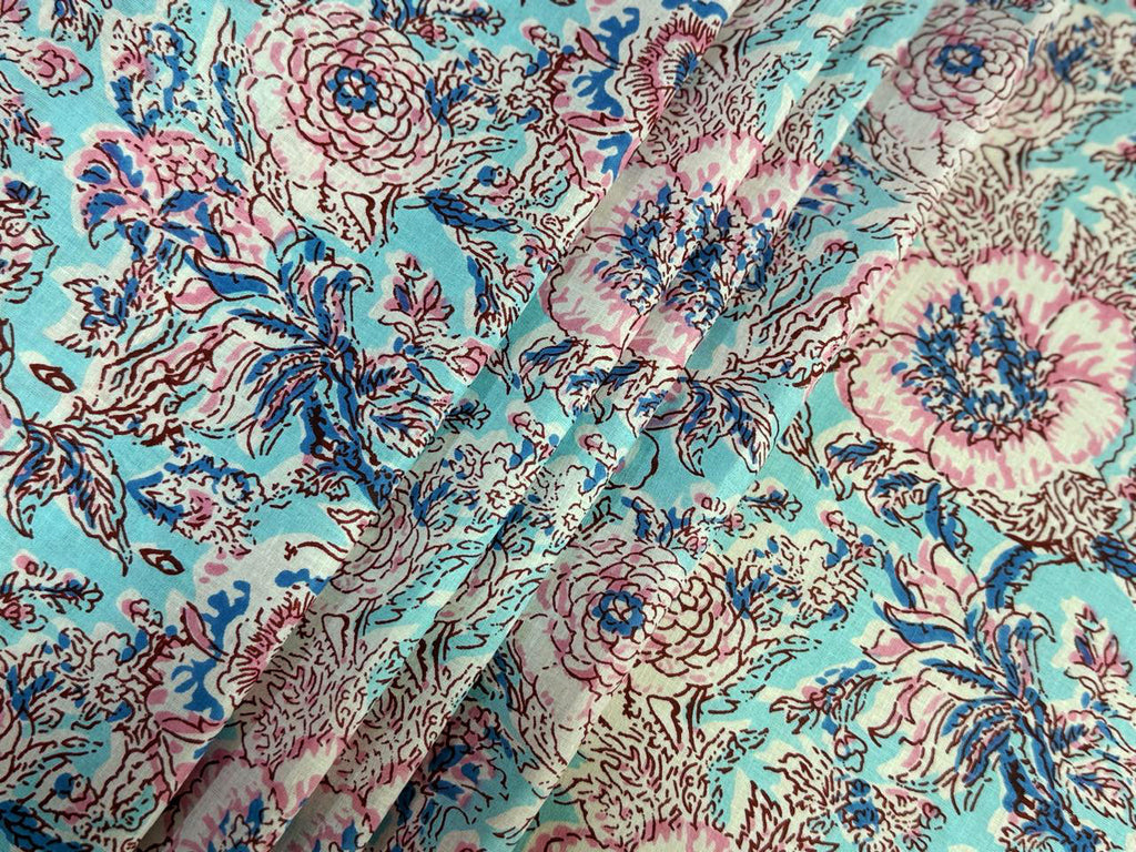 Hand Block Print Cotton Fabric: Blue and White Floral Indian Fabric