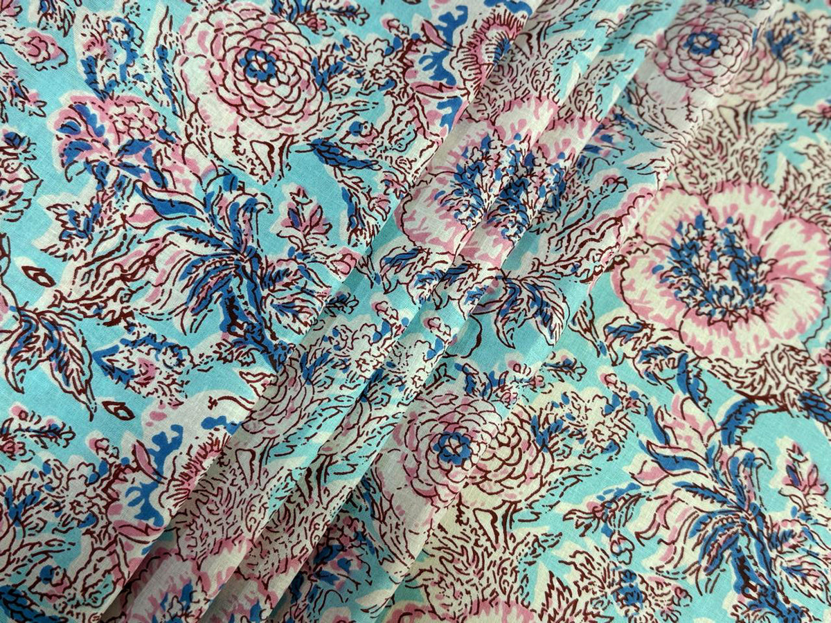Hand Block Print Cotton Fabric: Blue and White Floral Indian Fabric