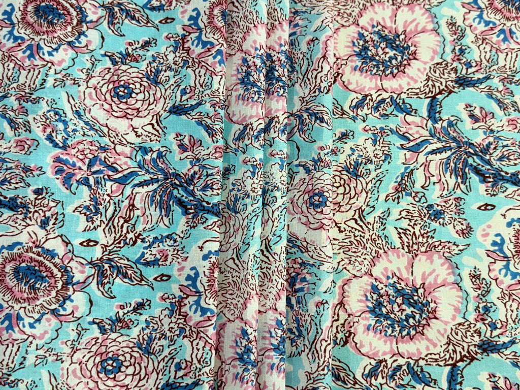 Hand Block Print Cotton Fabric: Blue and White Floral Indian Fabric