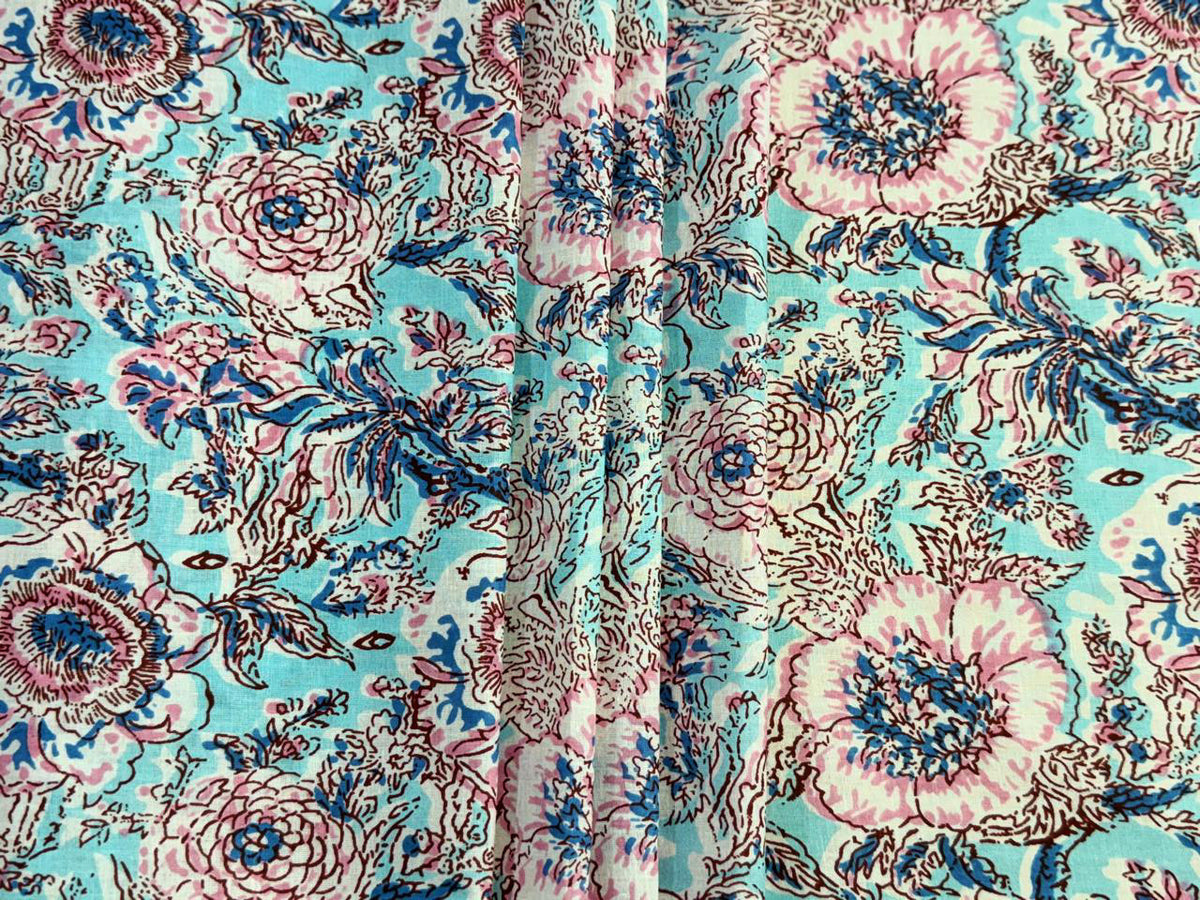 Hand Block Print Cotton Fabric: Blue and White Floral Indian Fabric