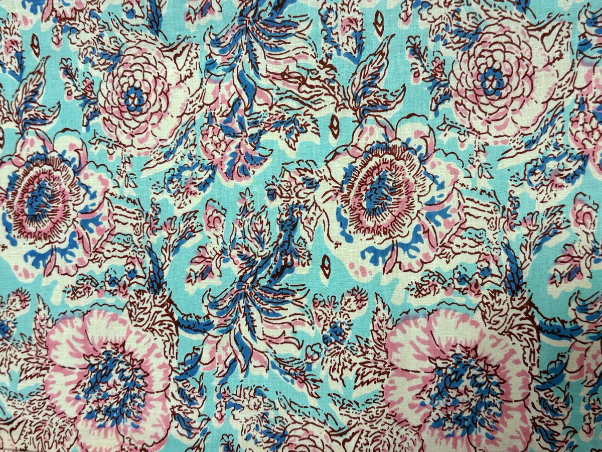 Hand Block Print Cotton Fabric: Blue and White Floral Indian Fabric