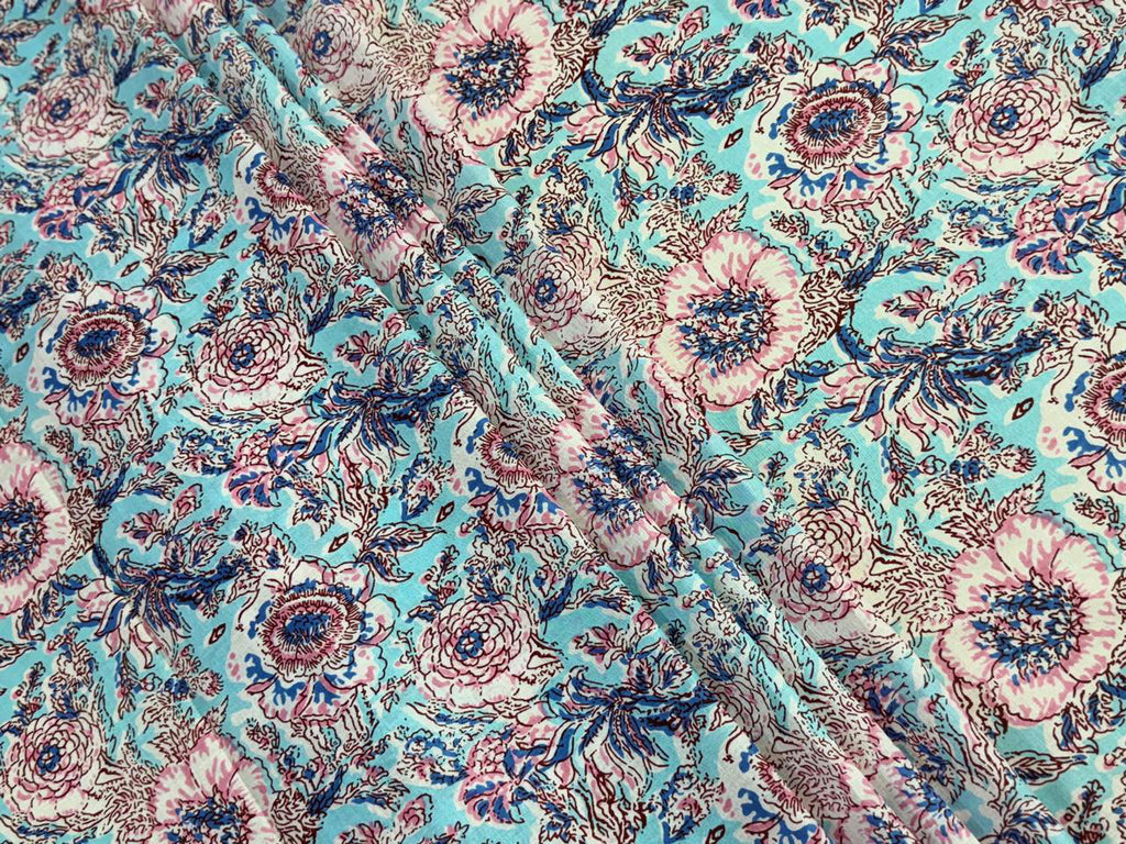 Hand Block Print Cotton Fabric: Blue and White Floral Indian Fabric