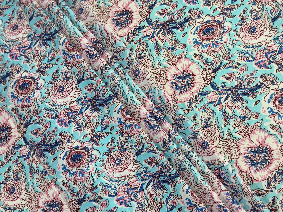 Hand Block Print Cotton Fabric: Blue and White Floral Indian Fabric