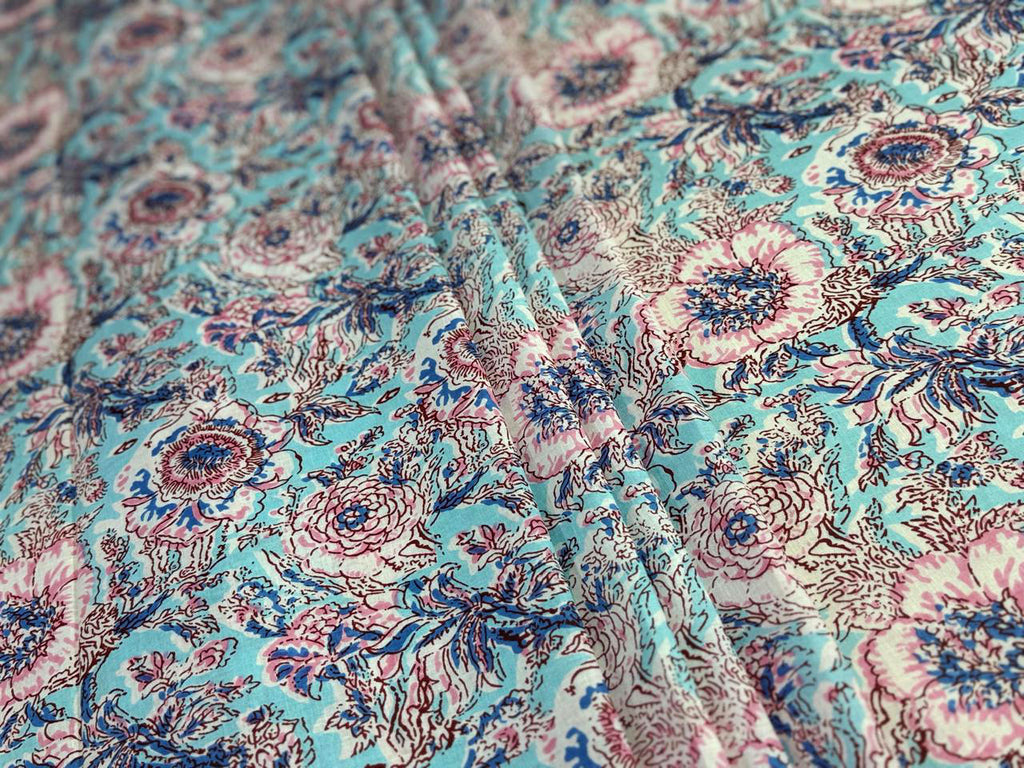 Hand Block Print Cotton Fabric: Blue and White Floral Indian Fabric