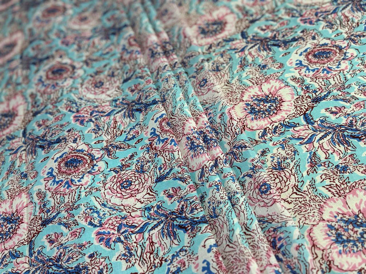 Hand Block Print Cotton Fabric: Blue and White Floral Indian Fabric