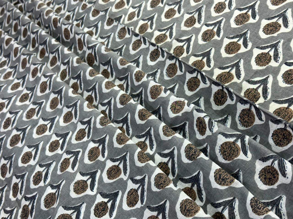 Hand Block Print Cotton Fabric: Grey and White Floral Indian Fabric
