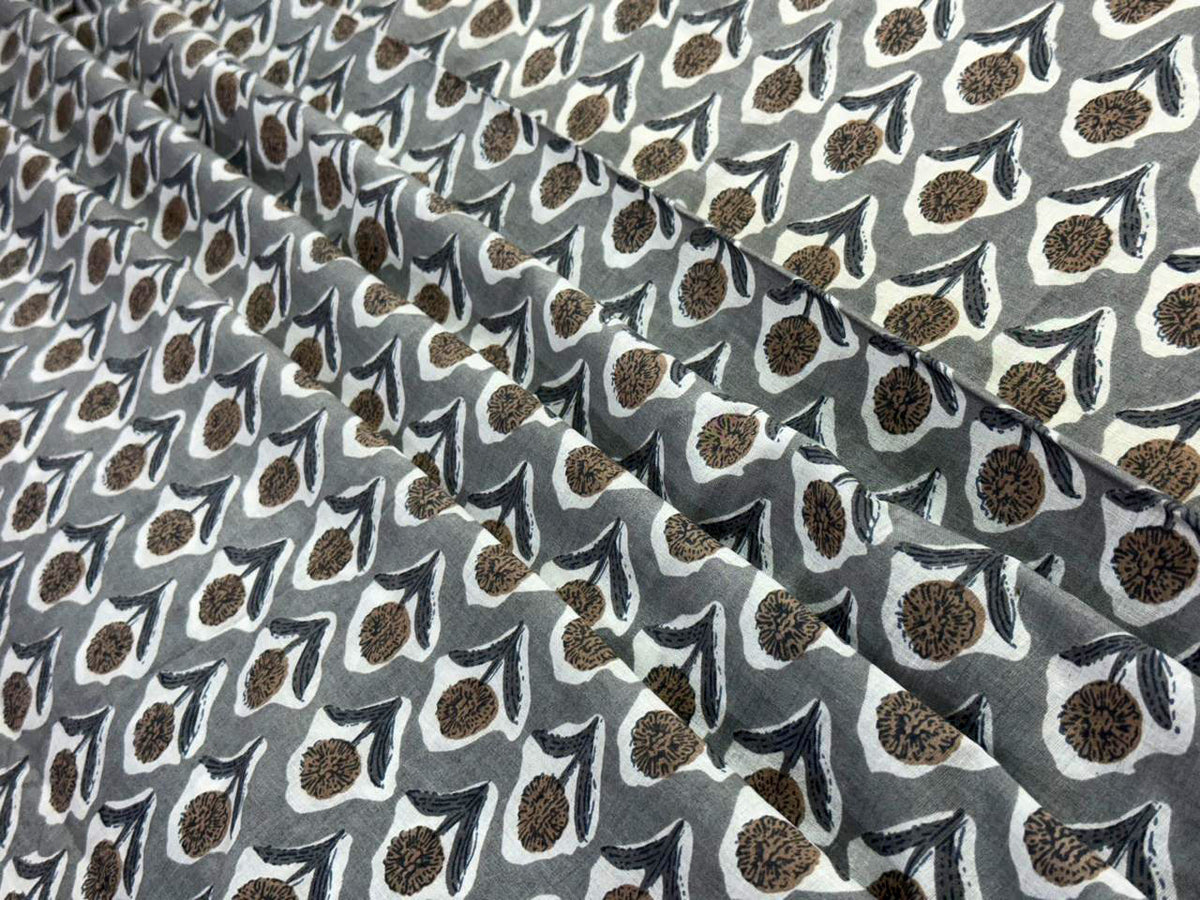 Hand Block Print Cotton Fabric: Grey and White Floral Indian Fabric