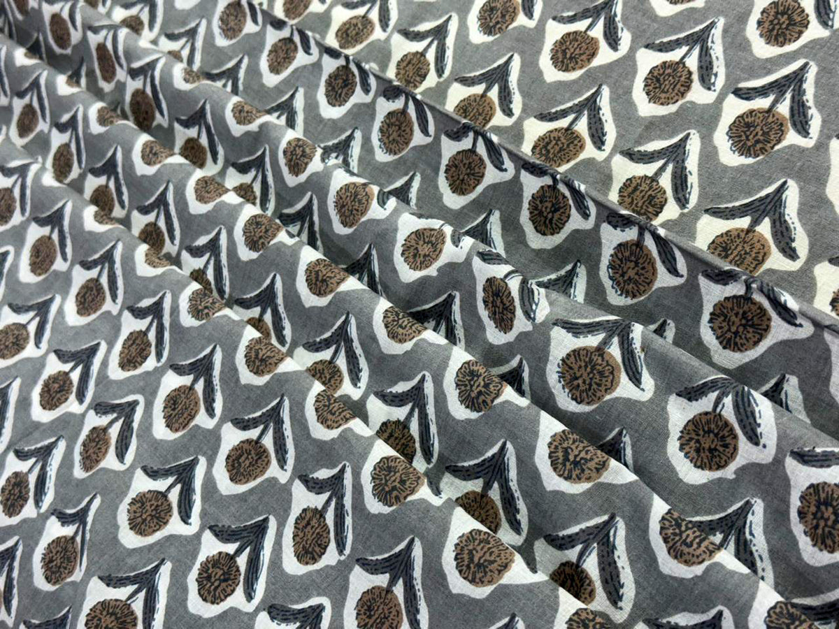 Hand Block Print Cotton Fabric: Grey and White Floral Indian Fabric