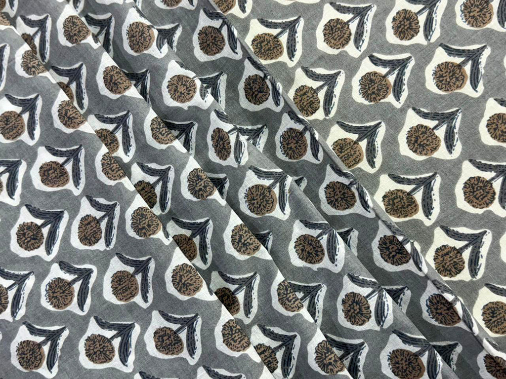 Hand Block Print Cotton Fabric: Grey and White Floral Indian Fabric