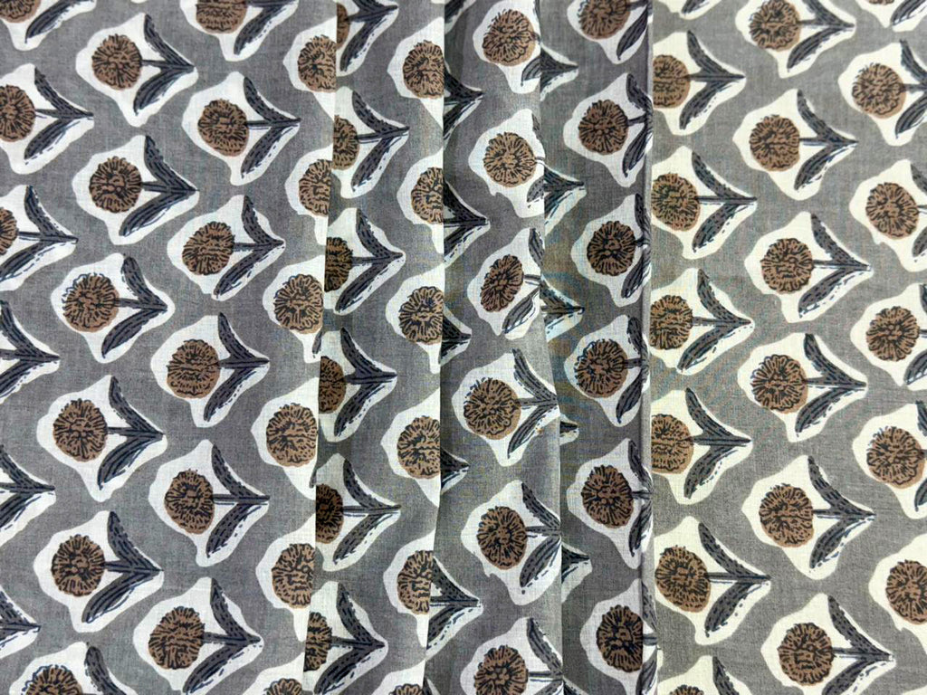 Hand Block Print Cotton Fabric: Grey and White Floral Indian Fabric