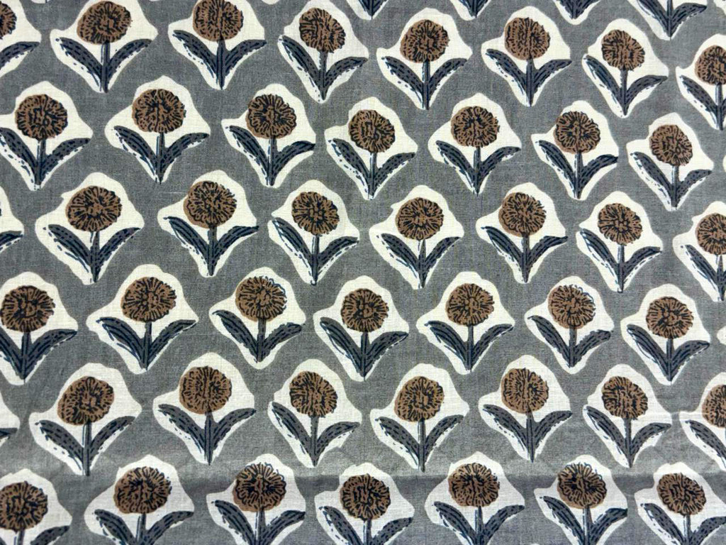 Hand Block Print Cotton Fabric: Grey and White Floral Indian Fabric